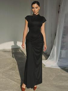 Women's Plain Ruched Tie Back Asymmetrical Neck Dress, Chic Elegant Cap Sleeve Long Dress for Party Holiday Wedding Guest, Ladies Summer Clothes, Minimalist Elegant Formal Womenswear