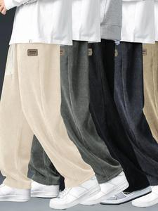 Men's Solid Color Patched Pocket Tie Front Corduroy Pants, Loose Casual Comfy Elastic Waist Straight Leg Trousers for Daily Wear, Men's Bottoms for All Seasons