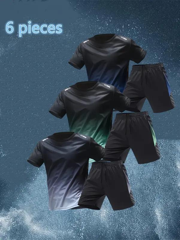 6-piece men's short-sleeved and shorts sports casual clothing set, including a color-changing crew neck T-shirt and a pair of shorts, suitable for running and fitness, outdoor, daily wear 0