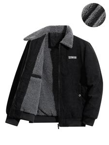 Men's Solid Patched Pocket Zipper Plush Corduroy Jacket, Thermal Warm Loose Casual Long Sleeve Windproof Collared Outerwear for Winter, Men's Clothes for Daily Wear