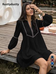 Women's Geometric Embroidery Smock Dress, Boho Bishop Sleeve Notched Neck Short Dress for Beach Vacation Holiday, Ladies Clothes for All Seasons