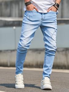 Men's Washed Distressed Ripped Slim Jeans, Slim-fitting Street Fashion Casual Comfy Pocket Denim Trousers for Daily Wear, Fashion Men's Bottoms for All Seasons, Cotton