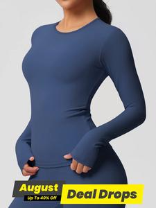 Women's Solid Color Long Sleeve Sports Tee, High Stretch Casual Comfy Breathable Round Neck T-shirt for Yoga Gym Workout Running, Ladies Sportswear for All Seasons, Workout Clothes Women, Athletic Yoga Tops, Activewear Clothing