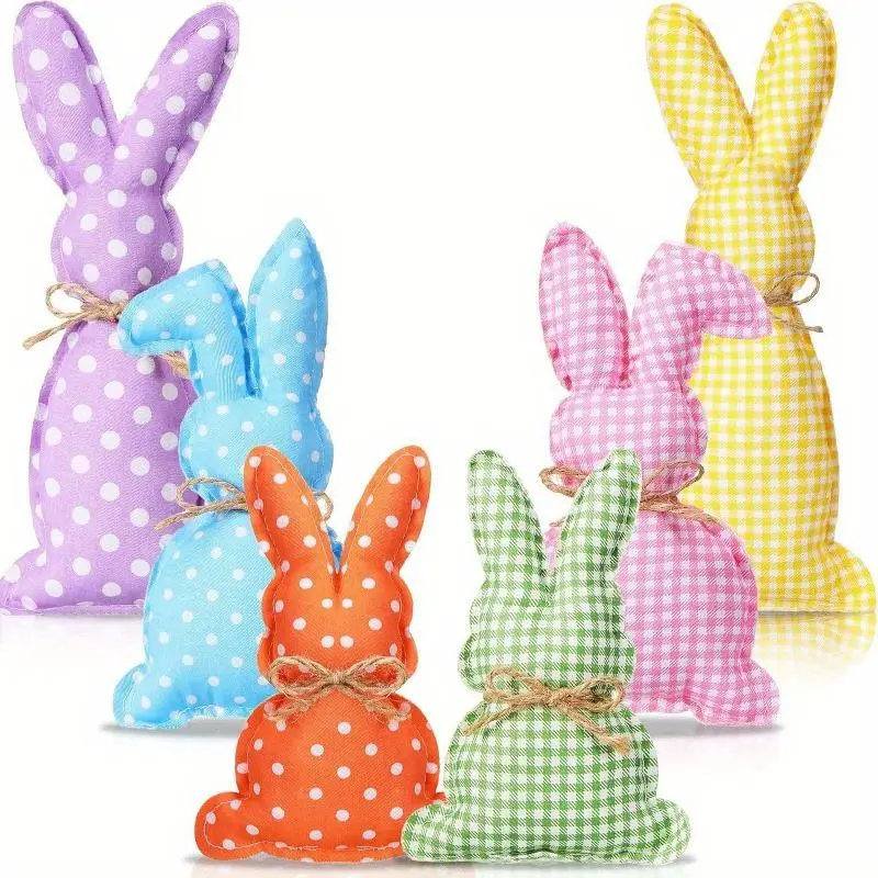 6pcs Easter Bunny Plush Knit Polka Dot Checkered Rabbit Figurines, Polyester Fabric Decorative Props for Holiday Party Decoration, No Electricity Needed 2