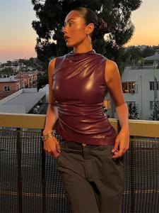 Women's Solid Ruched Mock Neck Asymmetrical Hem PU Tank Top, Casual Zipper Back Top for Club Party Daily Outdoor Wear, Ladies Clothes for Spring