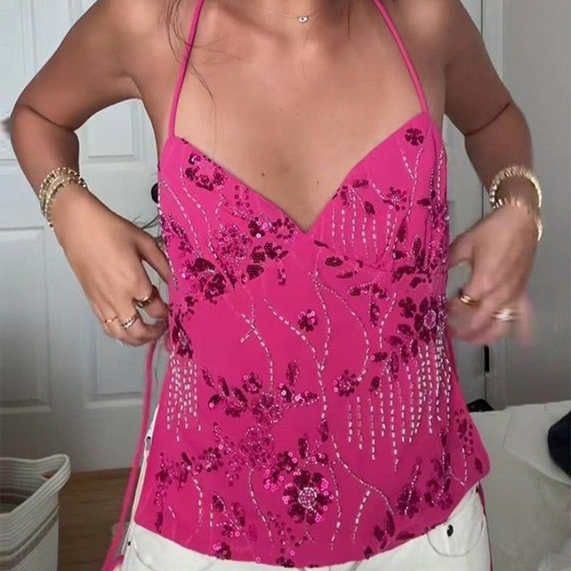 Boho Beaded Embellished Tank Tops Sequin Sparkly Shiny Sleeveless Shirt Vest Women Summer Vacation Y2K Sexy Crop Tops Going Out 1