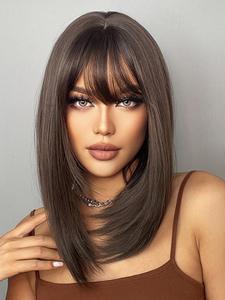18 Inch Brown Short Straight Wigs As Gift, Gorgeous Fluffy Wigs with Bangs, Synthetic Full Machine Wigs for Party, Daily Cute Hairstyles