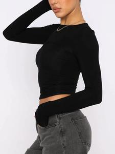 Women's Solid Round Neck Long Sleeve Tee, Y2k Trendy Basic Slim-fitting Crew Neck T-shirt for Women, Girly Tops, Casual Ladies Top for Spring & Fall