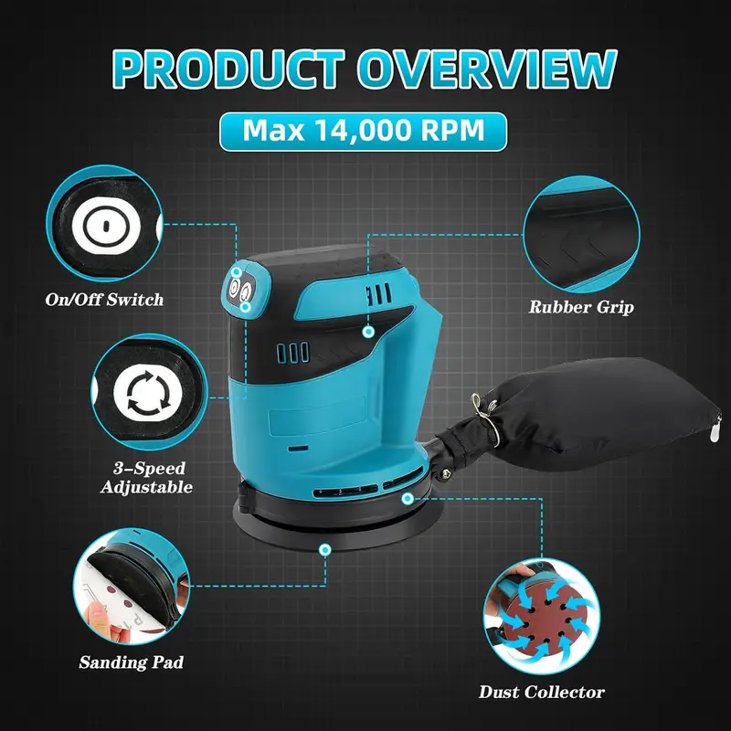 Cordless Random Orbital Sander 18V Li-ion 5" Dust Bag Discs Machine For Makita 5