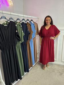 KMO GIGI gold button shirred waist maxi dress