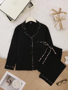 Two-piece Set Women's All Over Print Button Up Front Pocket Top & Pants Pyjama Set, Casual Comfy Long Sleeve Collared Top & Trousers Set, Ladies Sleepwear for All Seasons, Pajamas, Sleepwear Loungewear