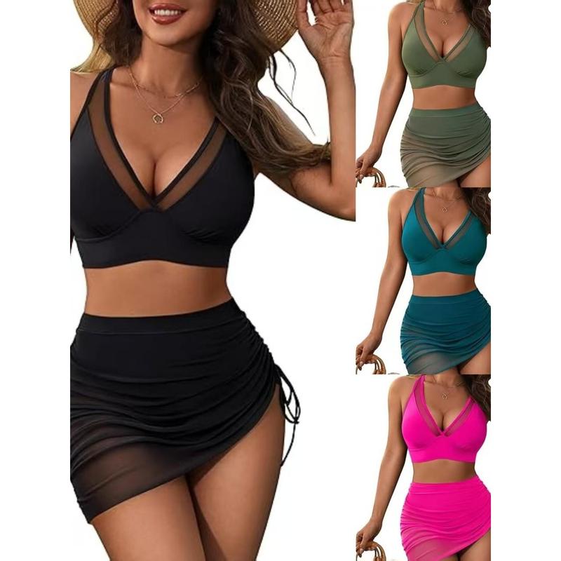 Women's Solid Sheer Contrast Mesh Bikini Sets, Halter Neck Bikini Top & High Waist Knicker, Two Piece Set Medbikini, Brazilian Swimwear Set Outfits 0