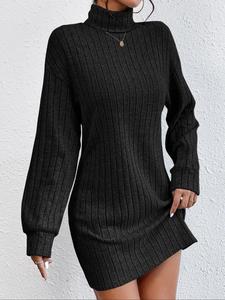 Women's Plain Ribbed Sweater Dress without Necklace, Casual Turtle Neck Drop Shoulder Long Sleeve Knitwear Dress for Fall & Winter, Women's Knit Clothes for Daily Outdoor Wear, Casual Dresses
