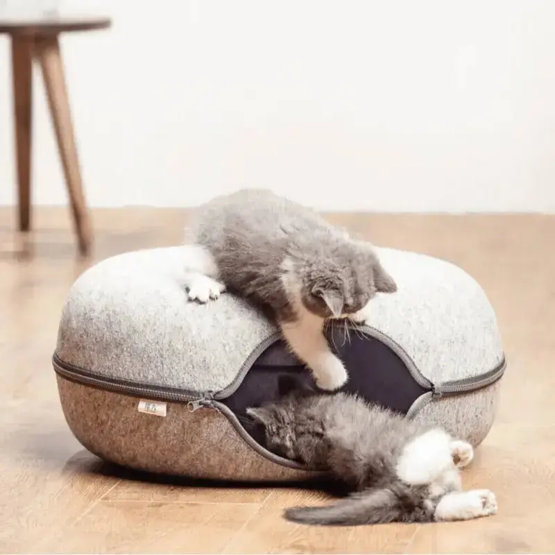 2-in-1 Donut Cat Bed Tunnel Toy – Dual-Use Felt Pet House & Play Tunnel | Scratch-Resistant, Removable & Easy to Clean 0