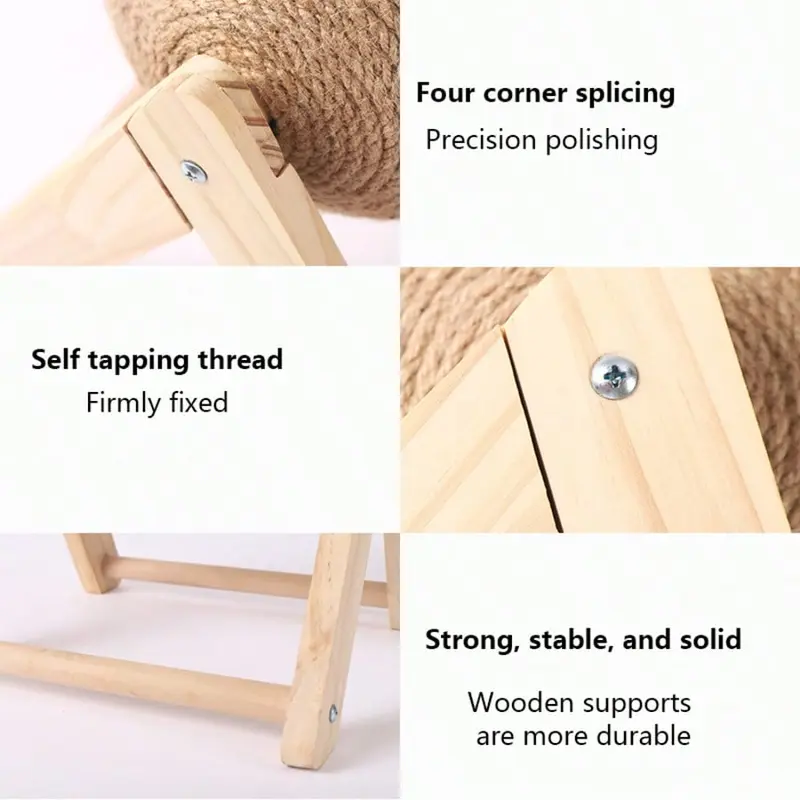 {BY} Natural Wood Cat Scratcher - Sisal-Covered Scratching Post & Play Ball 2