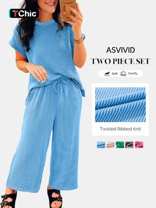 Women's Twisted Ribbed Knit Solid Color Set - Round-neck Short Sleeve T-shirt & Wide Leg Pants with Side Pockets, Casual Comfy Minimalist for Summer Daily Wear