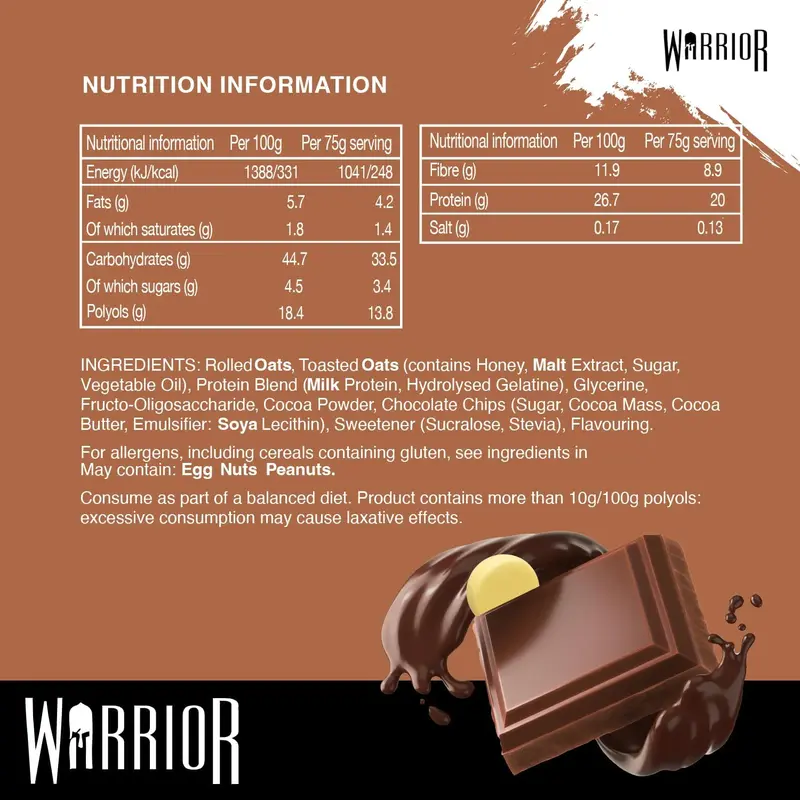 Warrior Raw Protein Flapjacks - Low Sugar, High in Fibre ADouble Chocolate) - Pack of 12 Bars x 75g Each - Snack, Dessert 4