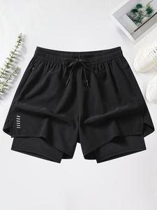 Men's 2 in 1 Solid Drawstring Waist Zip Pocket Athletic Shorts with Liner, Casual Quick Dry Sports Running Gym Shorts for Summer, Shorts for Men, Men's Shorts, Workout Clothes