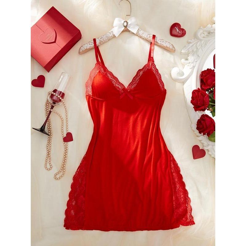 Women's Plain Sheer Contrast Lace Split Thigh Cami Nightdress, Elegant Soft Comfortable Bow Decor Spaghetti Strap Sleeveless Nightgown for Summer, Fashion Ladies' Sleepwear for Daily Wear Loungewear Womenswear Homewear Basic Minimalist 8