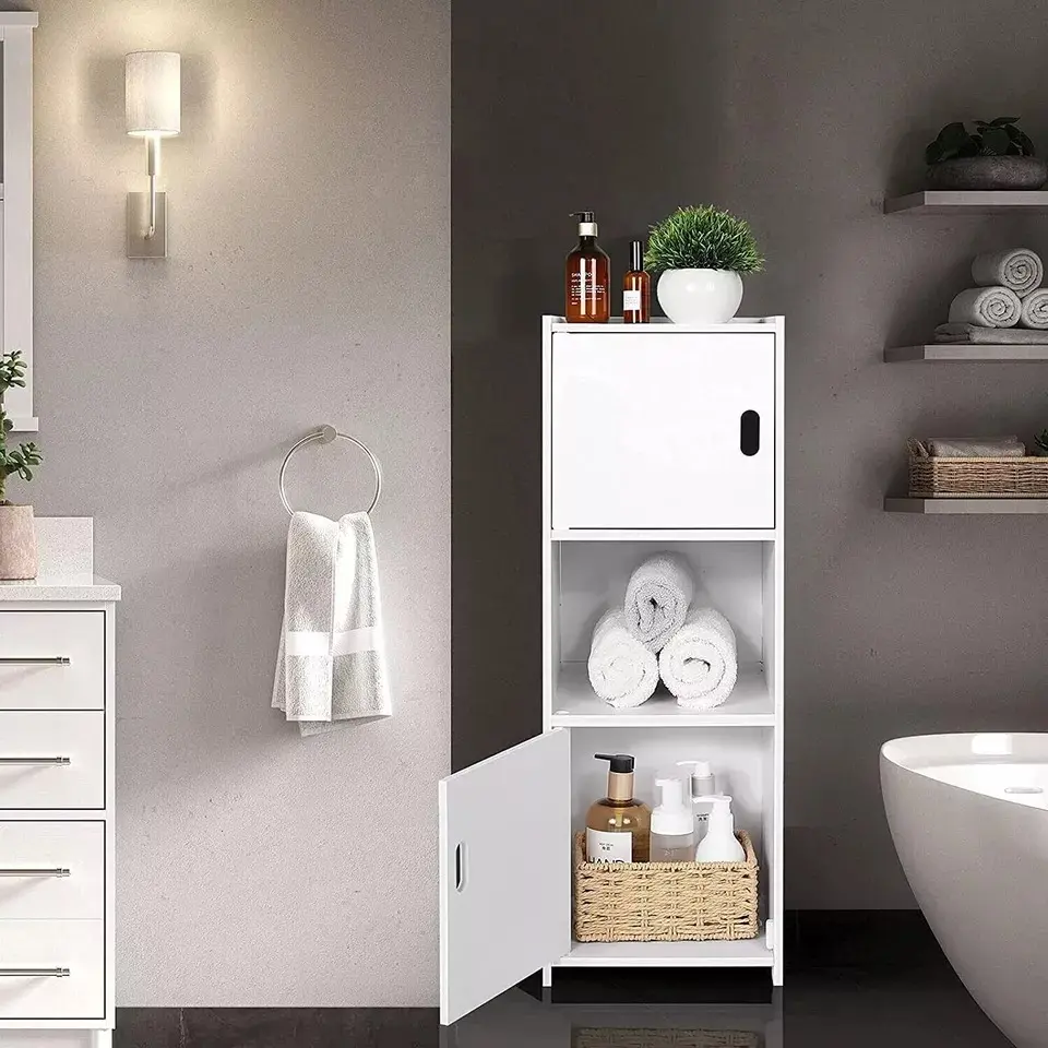 Bathroom Floor Cabinet Waterproof FreeStanding White Slim Bathroom Storage Unit