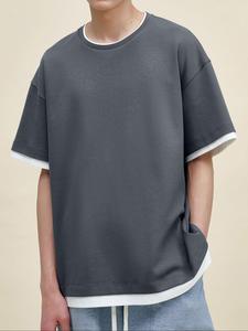 Men's Solid Top Stitching Half Sleeve Tee, Regular Fit Casual Comfy Round Neck T-shirt for Summer, Fashion Men's Top for Daily Wear, Tropical