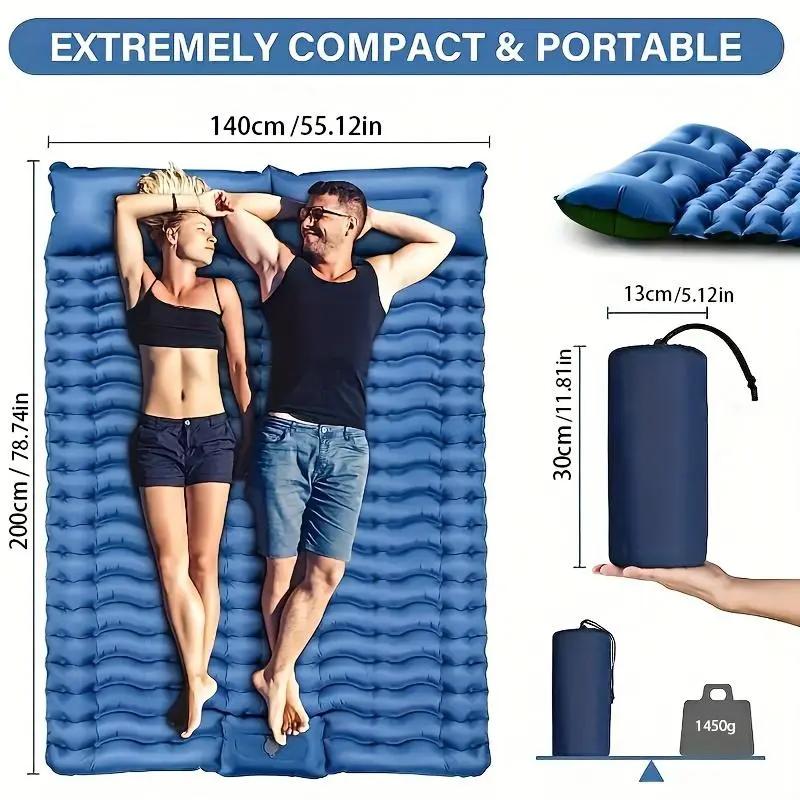 Double Sleeping Pad - Self Inflating Extra-Thick for 2 Person with Pillow Built-in Foot Pump Inflatable Sleeping Mat for Backpacking, Hiking, Traveling, Tent, Portable Camping Mat 3