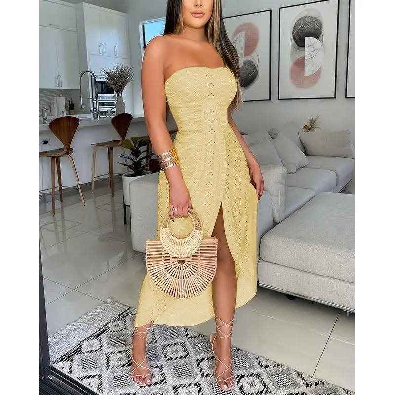 ChicMe Women Strapless Ruched High Waist Wrap Split Asymmetrical Beach Maxi Long Dress