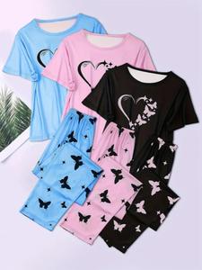 Women's Heart & Butterfly Print Pyjama Set, Lady Comfy T-shirt & Elastic Waist Trousers Set, Women Sleepwear Homewear Clothes for All Seasons