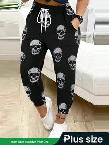 【Plus Size】 Skull Print Drawstring Waist Pants, Casual Comfy Pocket Trousers for Daily Wear, Women's Bottoms for All Seasons