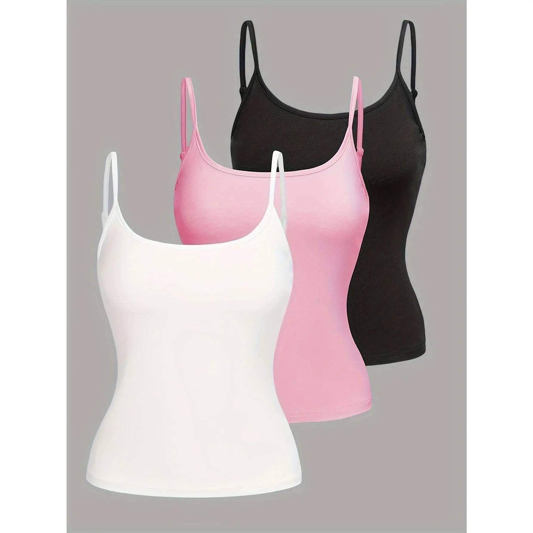 Solid Color 3 Packs Cami Tops, Casual Sleeveless Spaghetti Strap Top, Women's Clothing