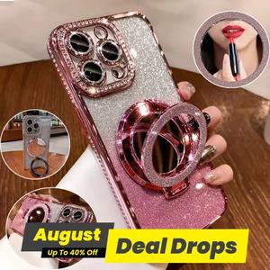 Durable Glitter Rhinestone Cellphone Case with Ring Mirror Holder, 1 Count Colorful Fashion Smartphone Protective Cover, Phone Accessories for iPhone 15 Pro Max 14 Plus 13 12, Magnetic, Shockproof