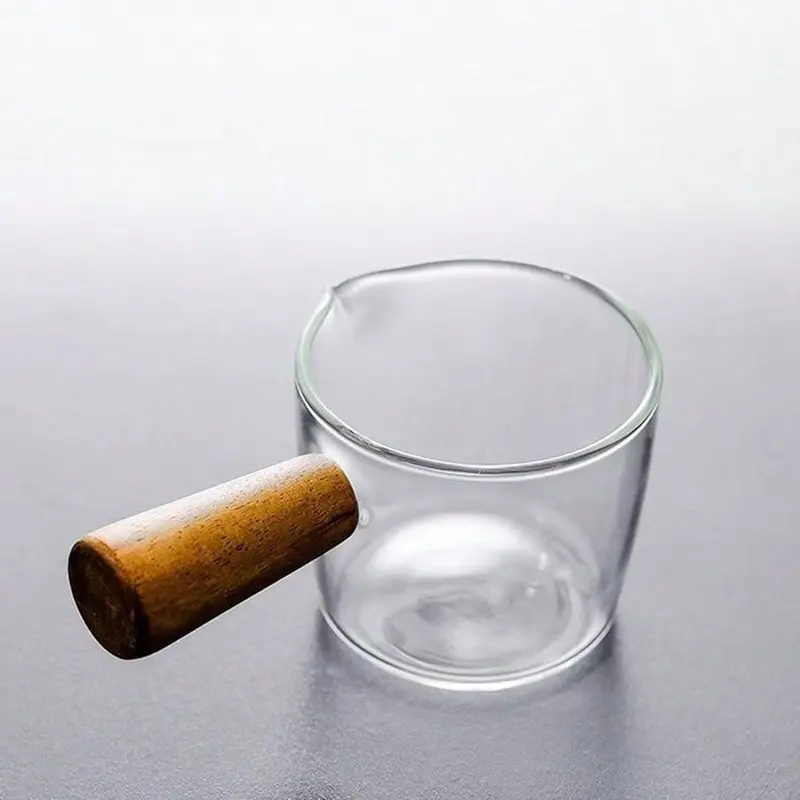 High Borosilicate Glass Mini Wooden Handle Milk Frothing Pitcher, Espresso Coffee Cup, Small Sauce Dish, Restaurant Milk Creamer 8