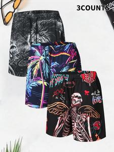 Men's Regular Fit Skull & Palm Tree Print Beach Shorts, Casual Comfy Breathable Shorts for Summer, Men's Bottoms for Vacation Holiday Beach
