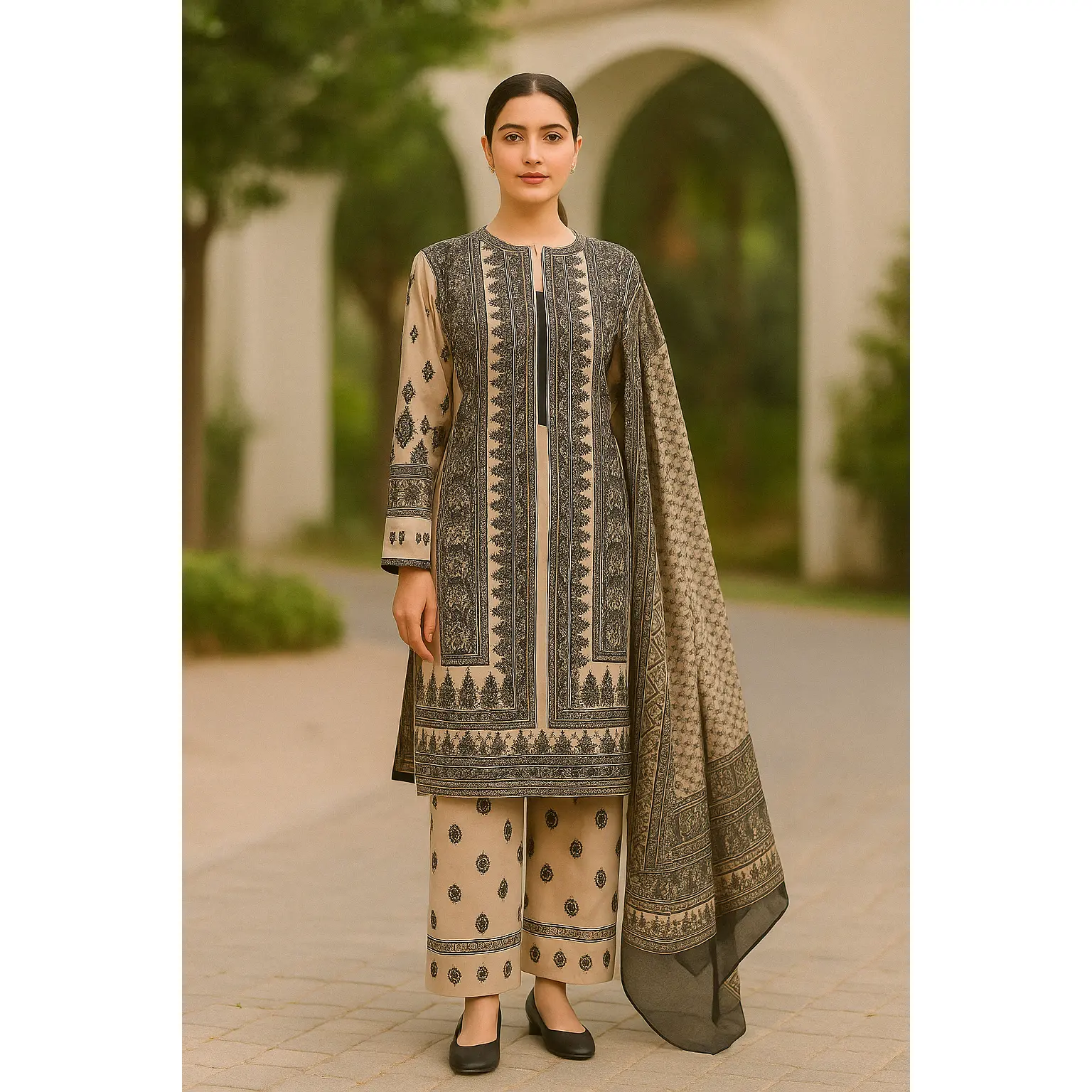 China Silk in Beige & Black 3pc