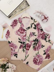 Women's Floral Print Pocket Button Sleep Top & Pants Pyjama Set, Casual Comfy Long Sleeve Collared Top & Trousers PJ Set, Ladies Sleepwear for All Seasons, Pajamas, Sleepwear Loungewear