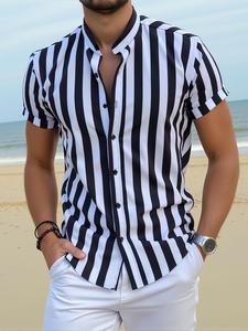 Men's Striped Print Short Sleeve Shirt, Regular Fit Casual Button Front Top for Summer Vacation, Fashion Men's Clothes for Daily Wear