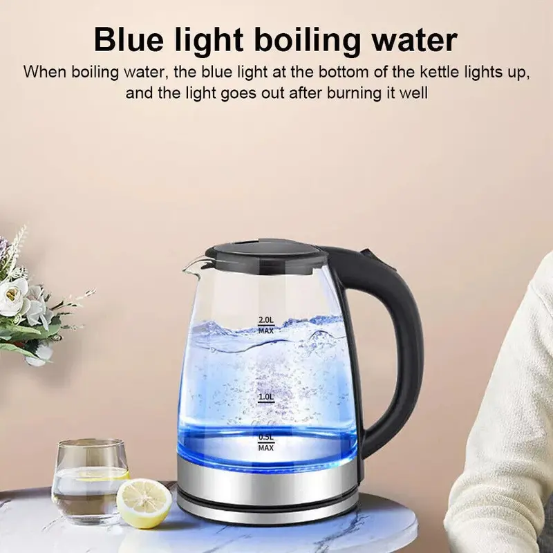 2L Electric Kettle Glass Fast Boil 360° Blue LED Illuminated Portable Jug 1800W 1