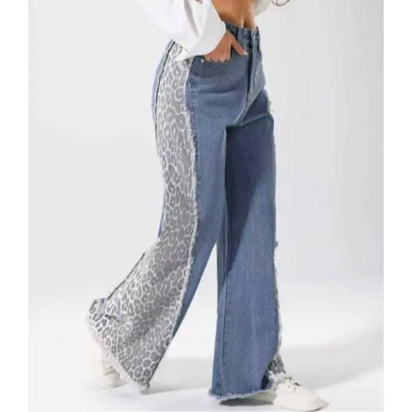 RELA RELA Women's Leopard Print Contrast Blue Jeans UK 6-14