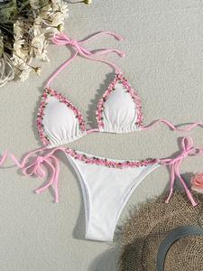 Women's Floral Embroidery Bikini Set, Boho Fashion Tie Back Halter Triangle Swim Bra & Tie Side Swim Bottom, Ladies Summer Swimwear for Beach Holiday Vacation, Bikinis Sets, Swimsuit Women, Halter Neck Bikini Suits, Bikini Outfits, Floral Swimsuits