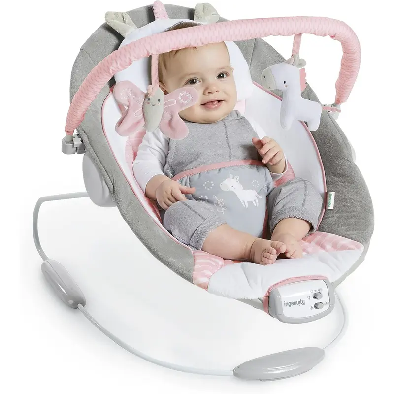 Ingenuity, Cradling Baby Bouncer Seat Flora the Unicorn, Ultra-Plush Padded Chair with Vibration and Melodies, Removable Toy Bar, Ages Newborn 6