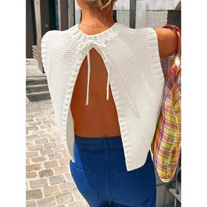 Women's Sleeveless Knitted Vest Solid Color Split Back Tie Simple Casual Round Neck Sleeveless Knitted Top Suitable for Spring and Autumn Fashion Women's Daily Wear Knitted Shirt Womenswear Crewneck Yellow