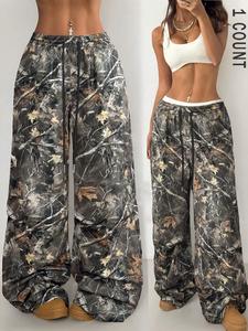 Women's All Over Leaf Print Pocket Sweatpants, Casual Street Comfy Drawstring Waist Trousers for Daily Wear, Women's Bottoms for Spring & Fall