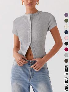 Women's Plain Button Front Ribbed Tee, Casual Slim-fitting Short Sleeve T-shirt for Daily Wear, Ladies Clothes for All Seasons,  Cute Tops