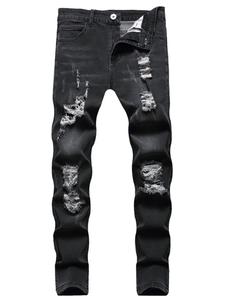 Men's Solid Color Ripped Jeans, Fashion Casual Comfy Slim-fitting Denim Pants for Daily Wear, Men's Bottoms for All Seasons, Cotton, Ripped Pocket Jeans