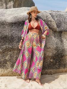Two-Piece Set Women's Boho Summer Sets, Summer Clothes for Women, Co Ord Set Summer, Ethnic Pattern Kimono & Wide Leg Pants, Summer Outfits 2024, Open Front Top with Palazzo Pants, Two Piece Set Clothing