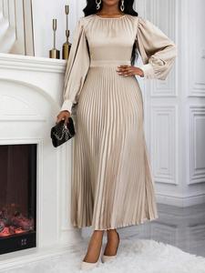 Women's Plain Pleated Long Sleeve Dress, Elegant Long Dress for Spring & Fall, Women's Clothing for Daily Wear, Classy Modest Formal Dresses, Womenswear, Modestdresses