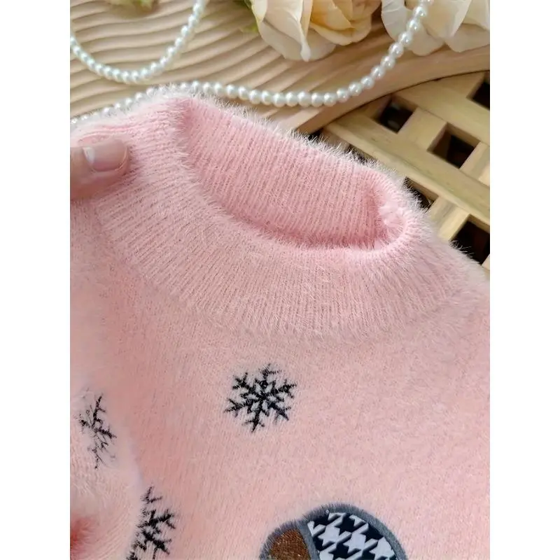 Girls' Imitation Mink Plush Sweater - High Neck Floral Print Pullover with Snowflake Design & "None So Happy’s Day" Text, Cozy Winter Knit Top for Youngsters, Hand Wash Only, Sweaters for Girls, Youngsters's Winter Wear,Soft Texture Fabric 4