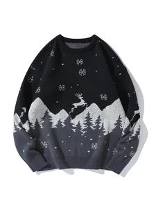 Unisex Men's Snowflake & Elk Print Drop Shoulder Crewneck Sweater, Loose Casual Longsleeves Round Neck Jumper for Fall & Winter, Menswear Tops