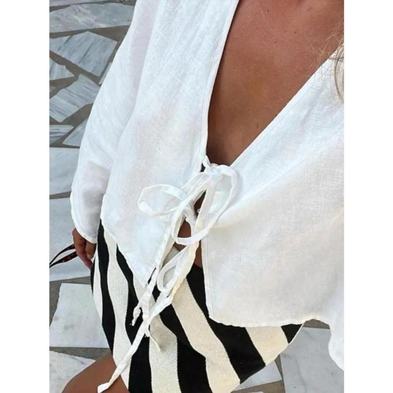 Women's Plain Tie Front V Neck Blouse, Casual Long Sleeve Top for Spring & Fall, Women's Clothing for Daily Wear, Workwear, January Workwear 2