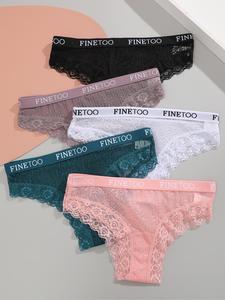 Women's 5pcs Letter Tape Scallop Trim Lace Knicker, Intimate Products, Soft Comfort Cozy Breathable Slim Fit Panty for Daily Wear, Women's Underwear Bottoms for All Seasons